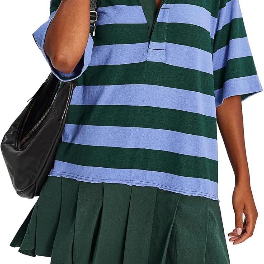 Women's Cotton Stripe Shirt Dress Mini Casual V Neck Pleated Summer Dress